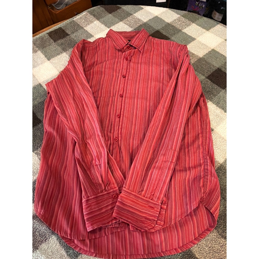 Inizio Mens Red Pink Striped Button Down Shirt Long Sleeve Cotton‎ Blend Size M